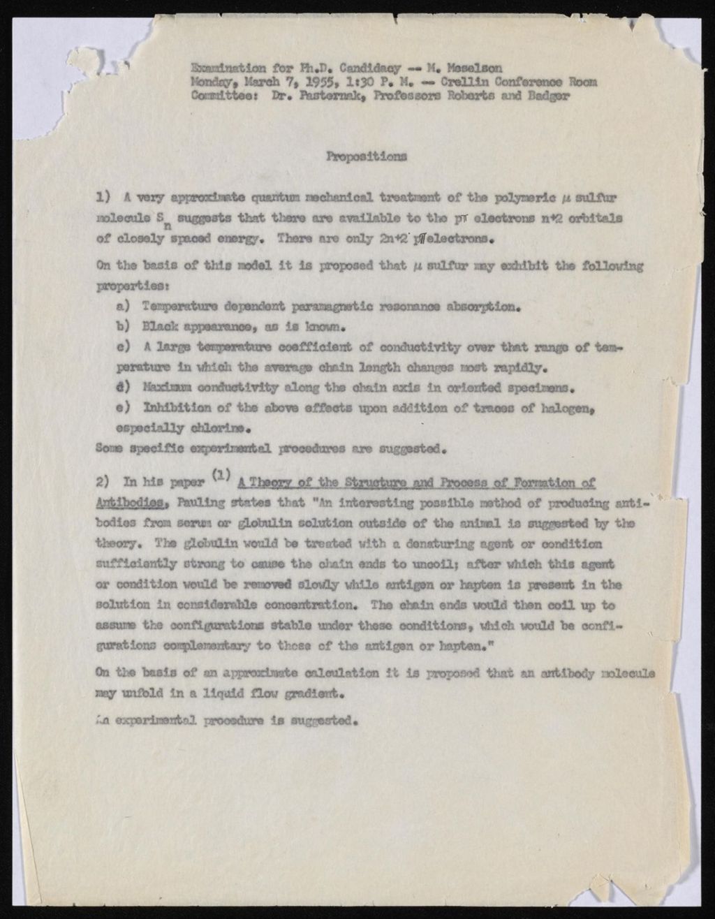 Miniature of Proposal and Thesis - Crystal Structure of N,N'-Dimethylmalonamide, 1955 - 1957