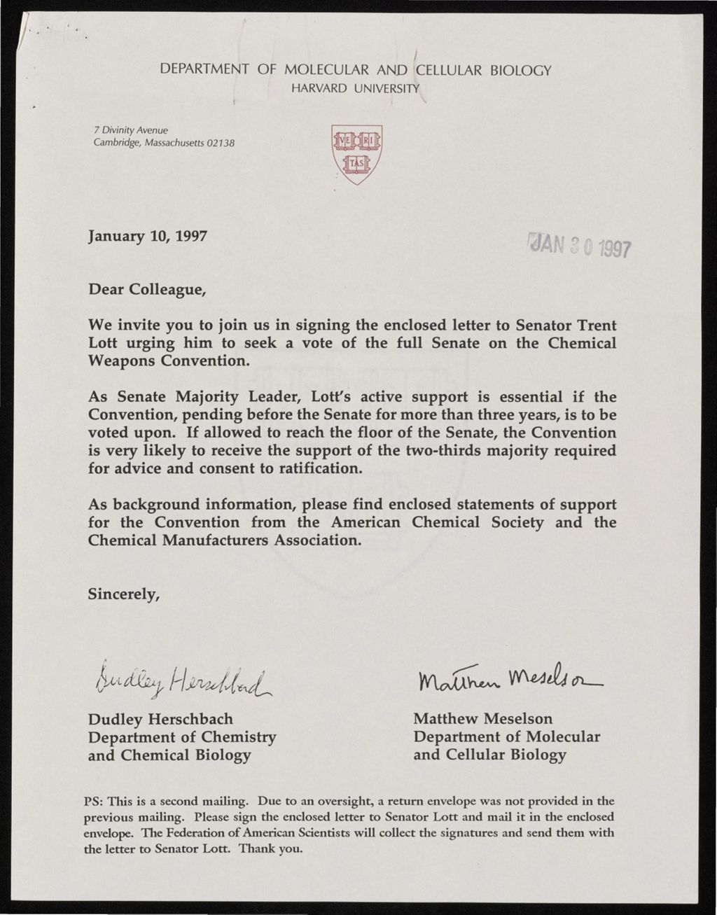 Miniature of Signed Letter to Senator Trent Lott, Senate Majority Leader, 1997