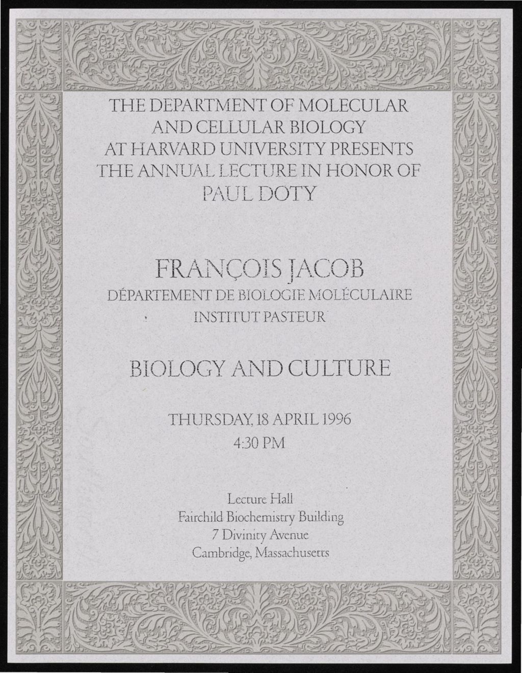 Miniature of François Jacob Doty Lecture, 1996
