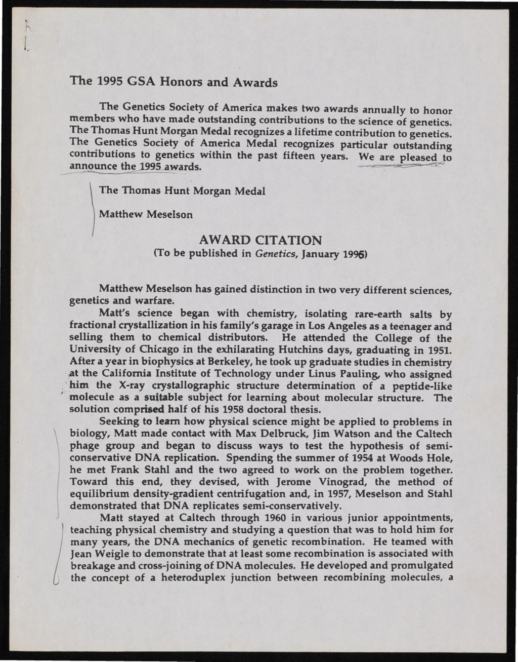 Miniature of Genetics Society of America, Thomas Hunt Morgan Medal, 1995 - 1996