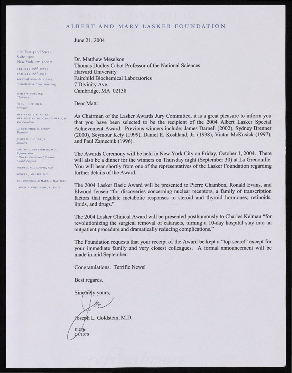 Miniature of Lasker Special Achievement Award: Correspondence, Program Materials, and Interview Transcript, 2004